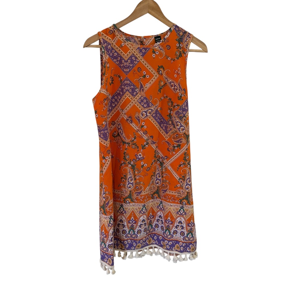 Shein Orange Paisley Tassel Mini Dress Boho‎ Festival Summer Casual S